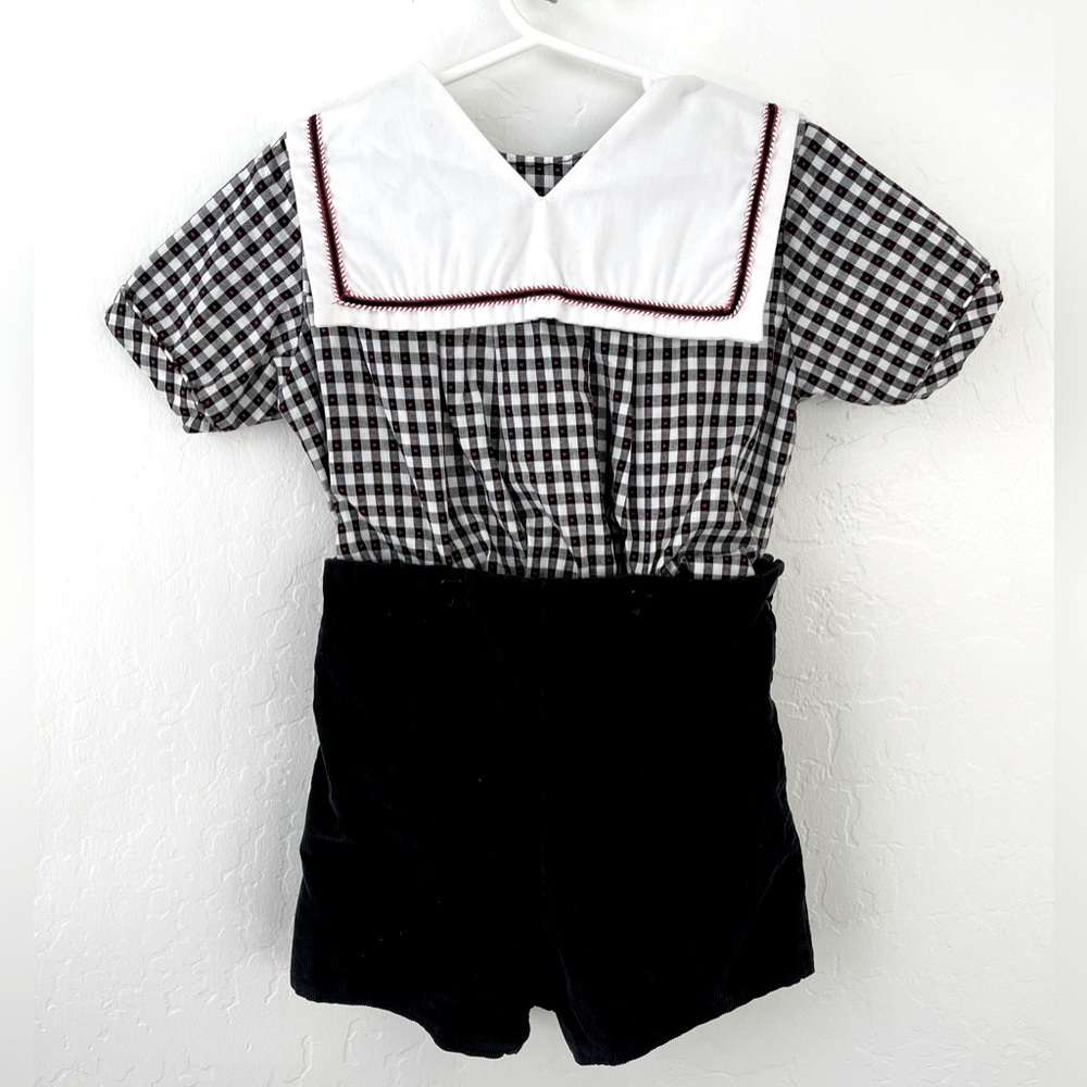 Vintage Boys 4T Smock Romper 100% Cotton Red/Black/White Plaid Lined Collar